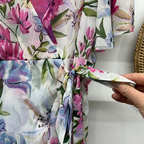 Calvin Klein White Pink Ruffle Faux Wrap Side Tie Floral Above Knee Mini Dress 8 - Picture 6 of 8